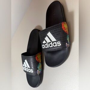 Adidas womens Black Slides with Floral Accents